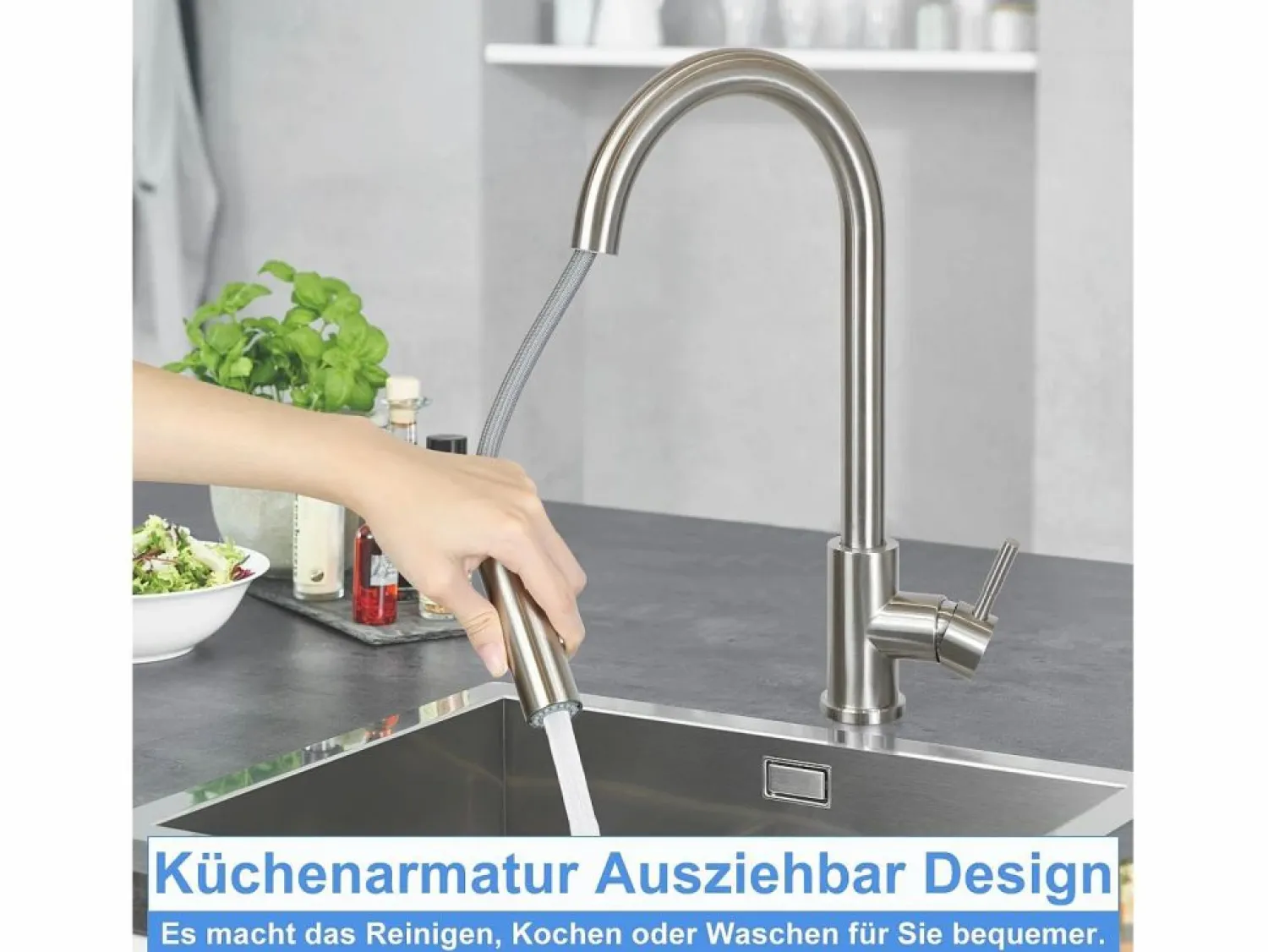 Hot NETTLIFE Grifo de cocina con ducha de mano extensible, alta presión, acero inoxidable de doble chorro y giratorio 360 °, níquel Plateado