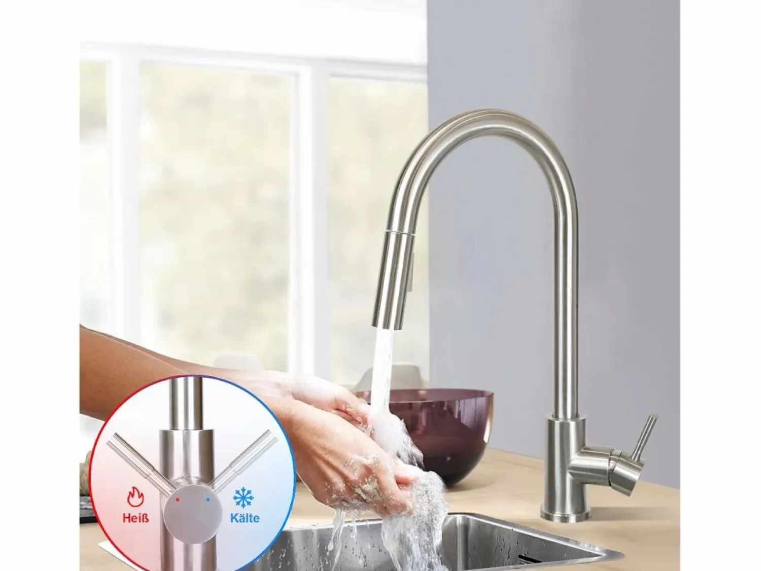 Hot NETTLIFE Grifo de cocina con ducha de mano extensible, alta presión, acero inoxidable de doble chorro y giratorio 360 °, níquel Plateado