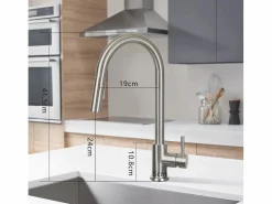 Hot NETTLIFE Grifo de cocina con ducha de mano extensible, alta presión, acero inoxidable de doble chorro y giratorio 360 °, níquel Plateado