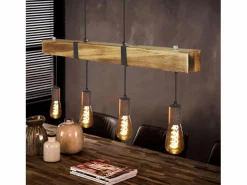 NETTLIFE Lámpara colgante 4 bombillas E27 Diam.80cm retro con viga de madera Vintage para comedor cocina máx.25W