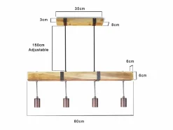 NETTLIFE Lámpara colgante 4 bombillas E27 Diam.80cm retro con viga de madera Vintage para comedor cocina máx.25W