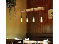 NETTLIFE Lámpara colgante 4 bombillas E27 Diam.80cm retro con viga de madera Vintage para comedor cocina máx.25W