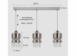 NETTLIFE Lámpara colgante moderna de 3 bombillas E27, diámetro de 60 cm, altura ajustable, cristal y cristal, para comedor, máx. 25 W.