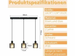 Outlet Lámpara Colgante Vidrio Diam.68 cm E27 Vintage 3 Bombillas Lámpara de Lámpara Industrial Retro para Sala de Estar Hotel Oficina Lámpara Suspendida