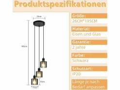 Sale NETTLIFE Lámpara Colgante Vidrio Diam.26cm E27 Sala de Estar 3 Bombillas Lámpara de Vintage Lámpara Industrial Regulable en Altura Negro