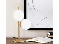NETTLIFE lámpara de mesa / lámpara de cabecera moderna y industrial dorada, 2 bombillas con interruptor, diseño de metal y vidrio , E27.
