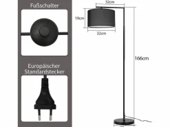 NETTLIFE Lámpara de pie de salón negra: tela de diseño moderno Casquillo E27 máx. 40W con interruptor de pie Lámpara de cama de 166 cm sin bombilla.