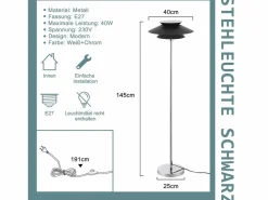 Discount NETTLIFE Lámpara de pie de salón negra moderna E27 1 llama con interruptor de pie Diseño industrial de metal vintage Altura 145 CM Negro
