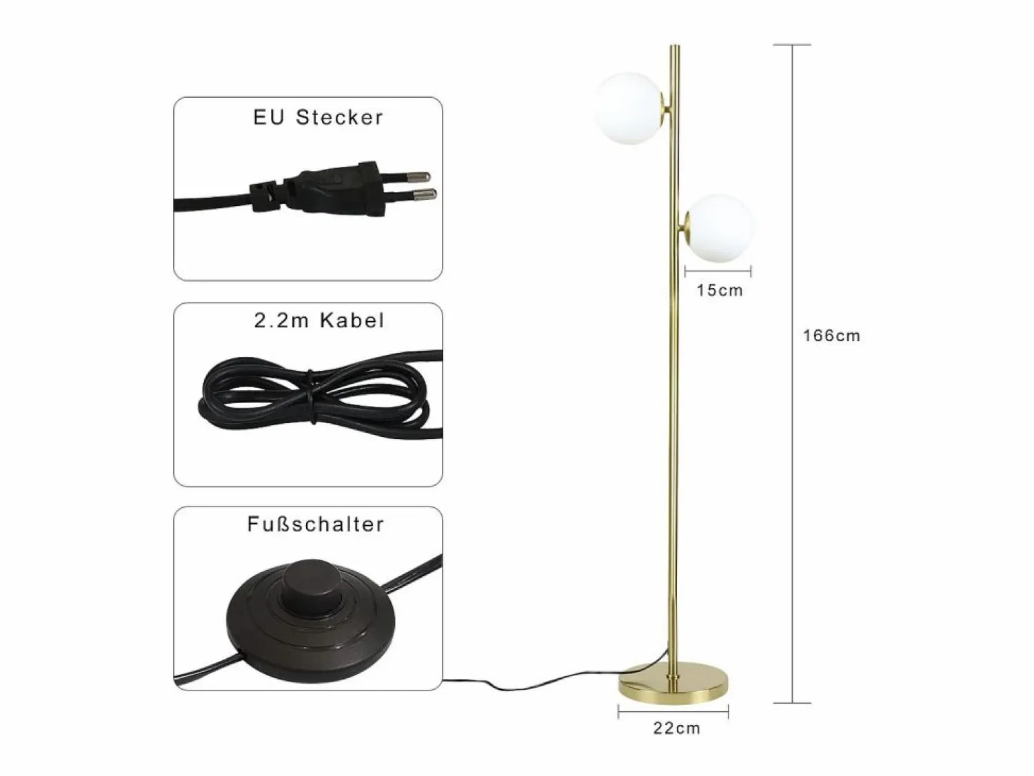 NETTLIFE Lámpara de pie moderna para sala de estar - Lámpara de pie de diseño Lámpara de pie con casquillo E27 con interruptor de pie -166 cm
