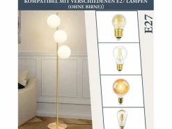 NETTLIFE Lámpara de pie moderna -para sala de estar E27 Lámpara de 3 llamas con diseño dorado de pie industrial de vidrio y metal