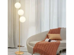 NETTLIFE Lámpara de pie moderna -para sala de estar E27 Lámpara de 3 llamas con diseño dorado de pie industrial de vidrio y metal