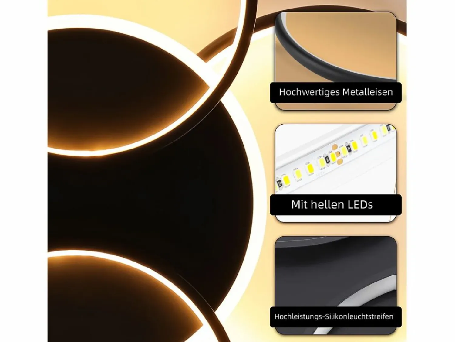 Lámpara de techo LED para sala de estar regulable de 70 W con control remoto, 5 anillos, acrílico moderno blanco Plafón