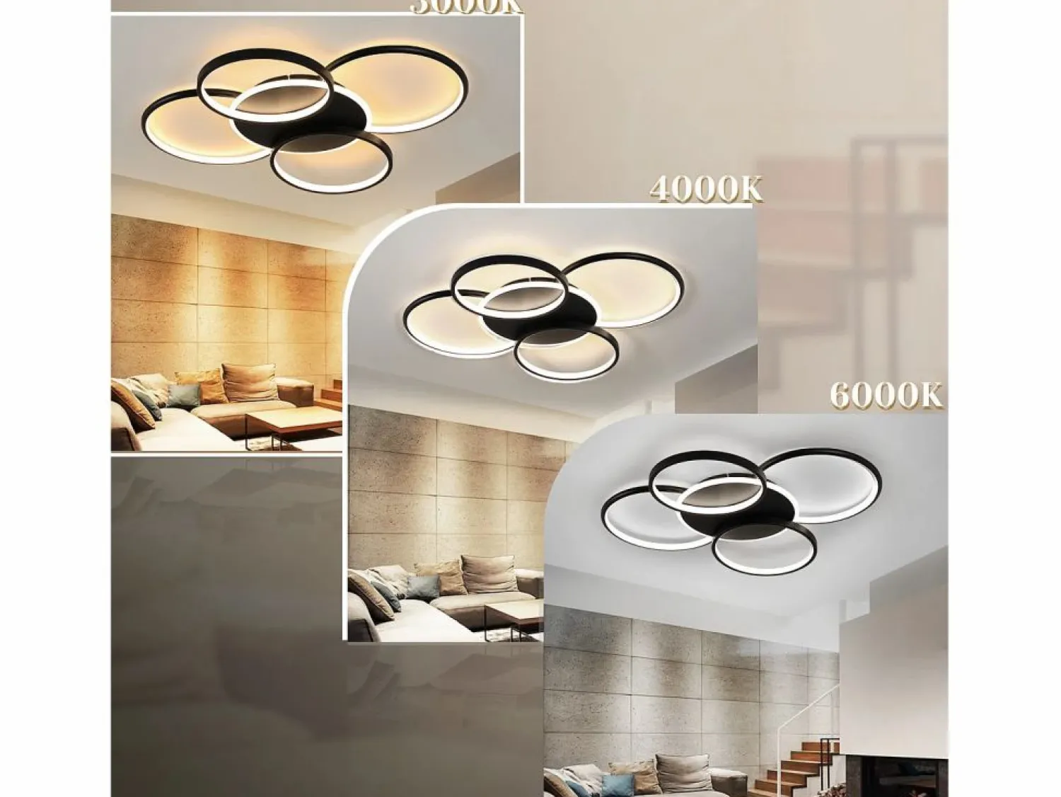 Lámpara de techo LED para sala de estar regulable de 70 W con control remoto, 5 anillos, acrílico moderno blanco Plafón