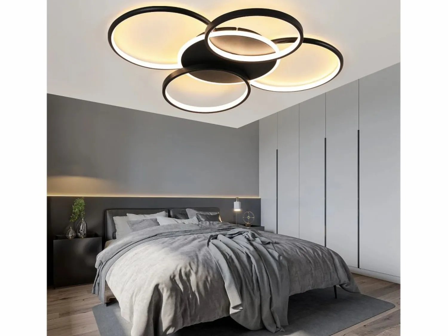 Lámpara de techo LED para sala de estar regulable de 70 W con control remoto, 5 anillos, acrílico moderno blanco Plafón