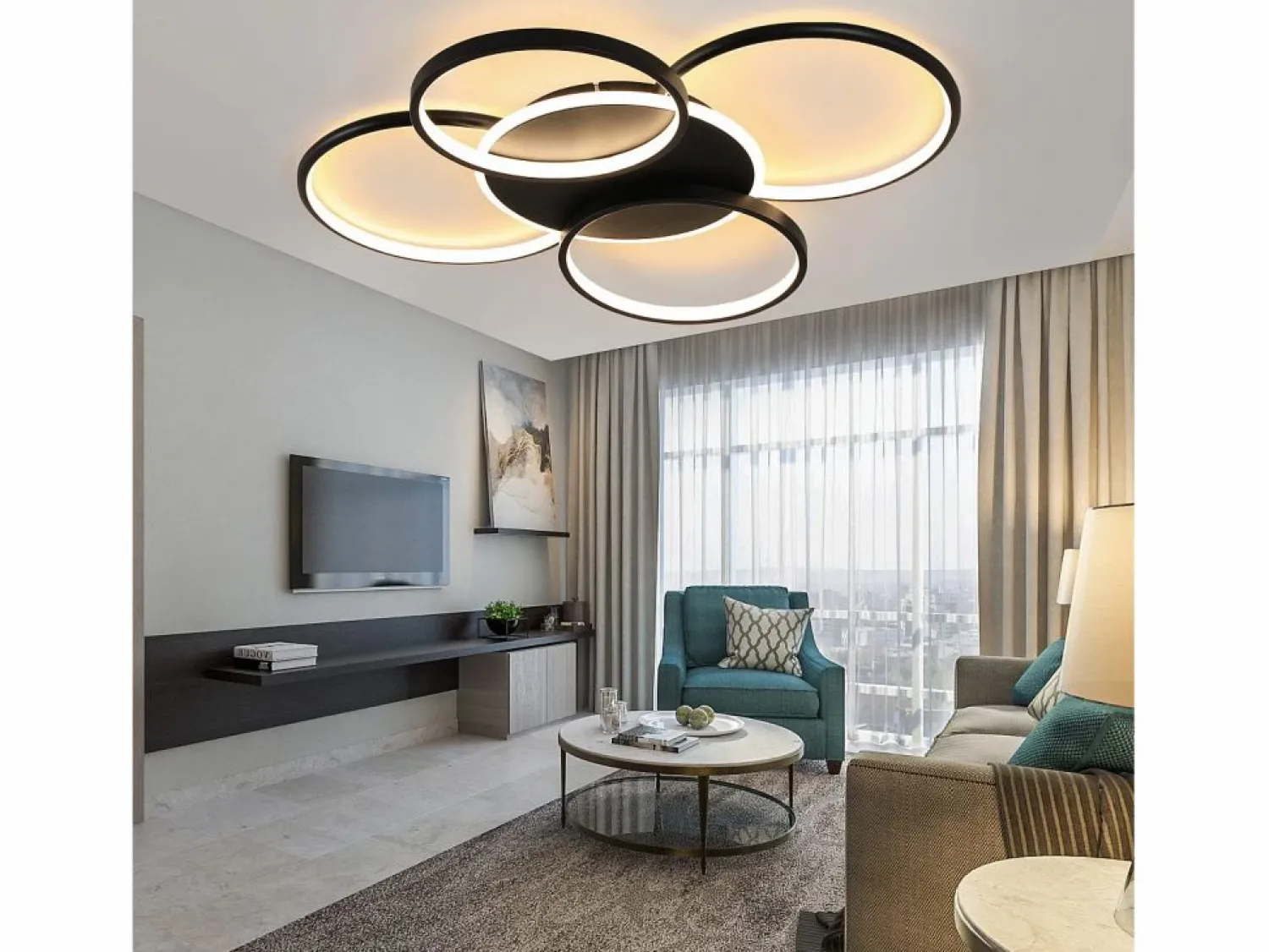 Lámpara de techo LED para sala de estar regulable de 70 W con control remoto, 5 anillos, acrílico moderno blanco Plafón