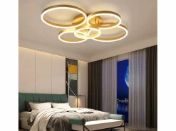 NETTLIFE Lámpara de techo LED dorada con 2 anillos acrílicos, 46 W, regulable, para salón, moderna, 59 cm, con mando a distancia