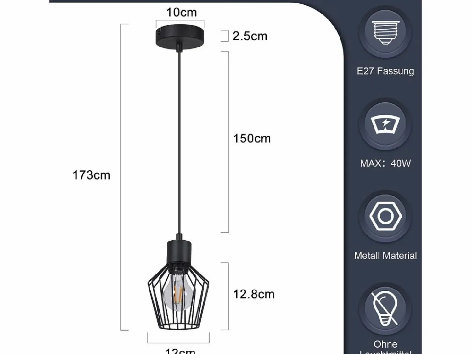 Discount NETTLIFE Mesa de comedor suspendida, suspensión negra, soporte E27, 1 llama, metal. Negro