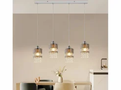 Sale NETTLIFE Mesa de comedor suspendida moderna de cristal, con 4 lámparas E27 suspendidas, 150 cm, altura regulable. Plateado