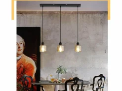 Sale Mesa suspension para comer, lámpara colgante vintage, 3 bombillas colgantes E27, metal negro, retro industrial. Lámpara Suspendida