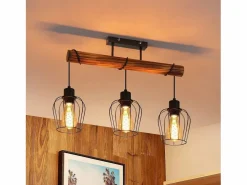 Sale Plafón 3 focos metal y madera negra Lámpara de salón vintage E27 en madera flameada de diseño industrial regulable en altura sin bombilla Plafón