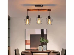 Sale Plafón 3 focos metal y madera negra Lámpara de salón vintage E27 en madera flameada de diseño industrial regulable en altura sin bombilla Plafón
