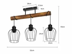 Sale Plafón 3 focos metal y madera negra Lámpara de salón vintage E27 en madera flameada de diseño industrial regulable en altura sin bombilla Plafón