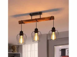 Sale Plafón 3 focos metal y madera negra Lámpara de salón vintage E27 en madera flameada de diseño industrial regulable en altura sin bombilla Plafón