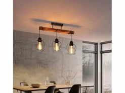 Sale Plafón 3 focos metal y madera negra Lámpara de salón vintage E27 en madera flameada de diseño industrial regulable en altura sin bombilla Plafón