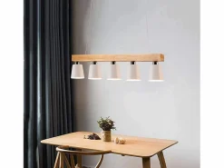 NETTLIFE Suspensión 5 bombillas E27 blanca moderna Lámpara de comedor de metal y madera Diam.102cm para cocina salón pasillo hotel