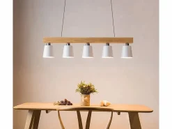 NETTLIFE Suspensión 5 bombillas E27 blanca moderna Lámpara de comedor de metal y madera Diam.102cm para cocina salón pasillo hotel