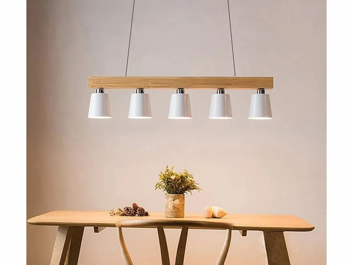 NETTLIFE Suspensión 5 bombillas E27 blanca moderna Lámpara de comedor de metal y madera Diam.102cm para cocina salón pasillo hotel