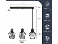 Outlet Suspensión con 3 llamas, suspensión metálica industrial negra, LED E27, metálica. Lámpara Suspendida