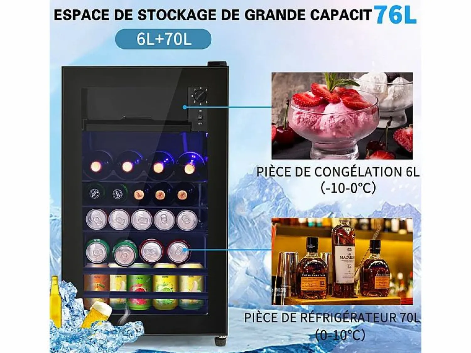 DripeX Nevera de 76L con congelador y cajón para verduras - Clase E - con LED y puerta de vidrio - 42dB - temperatura ajustable - 43.5x40x71.6cm
