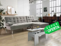 Hot Saldosystocks Oferta: Sofa Cama Chaise Longue XS + Mesa de Centro Blanco y Cemento Negro