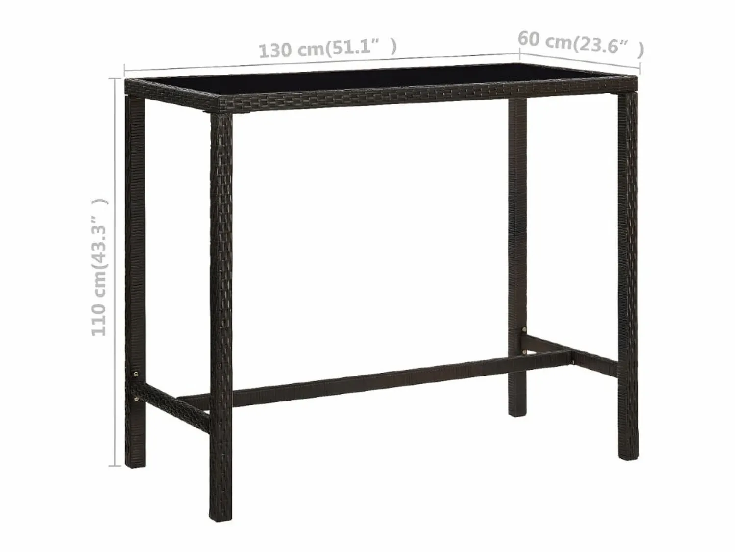 Orren Mesa alta de jardín ratán sintético y vidrio marrón 130x60x110cm Mesa Alta