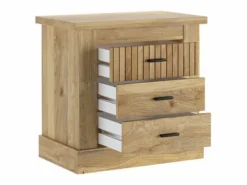 New Pack de Muebles de Dormitorio Habitación Infantil con Cabecero, 1 Mesita de Noche 3 Cajones y Sinfonier en Color Blanco Mate Mauvella Rayas Marru00f3n