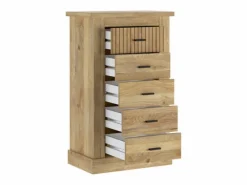 New Pack de Muebles de Dormitorio Habitación Infantil con Cabecero, 1 Mesita de Noche 3 Cajones y Sinfonier en Color Blanco Mate Mauvella Rayas Marru00f3n