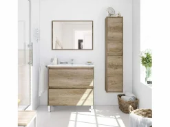 Pack Mueble Baño con Espejo y Lavamanos Cerámico, Columna Nordik Marru00f3n