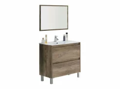 Pack Mueble Baño con Espejo y Lavamanos Cerámico, Columna Nordik Marru00f3n