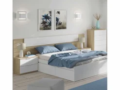 Online Pack Muebles Dormitorio Nórdico, Cama 150 cm (cabezal+2 Mesitas+armario) Blanco