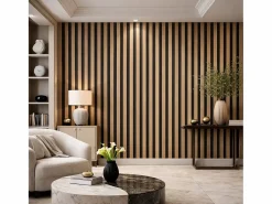 Panel decorativo de lamas de madera, láminas de MDF y fieltro PET, juego de 12 piezas 60x60, revestimiento de pared fonoabsorbente, color nogal claro
