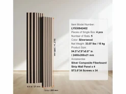 Hot Paneles Acústicos de Listones de Madera SucceBuy, Paneles de Pared de Madera MDF, para Decoración de Pared Interior Moderna, 240 x 20 cm Plateado