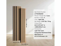 Paneles Acústicos de Listones SucceBuy de Madera, 20 x 240 cm, Decoración Mural, con un Alto Índice NRC de 0,85 y Certificación Acústica SGS, en Roble Negro Marru00f3n