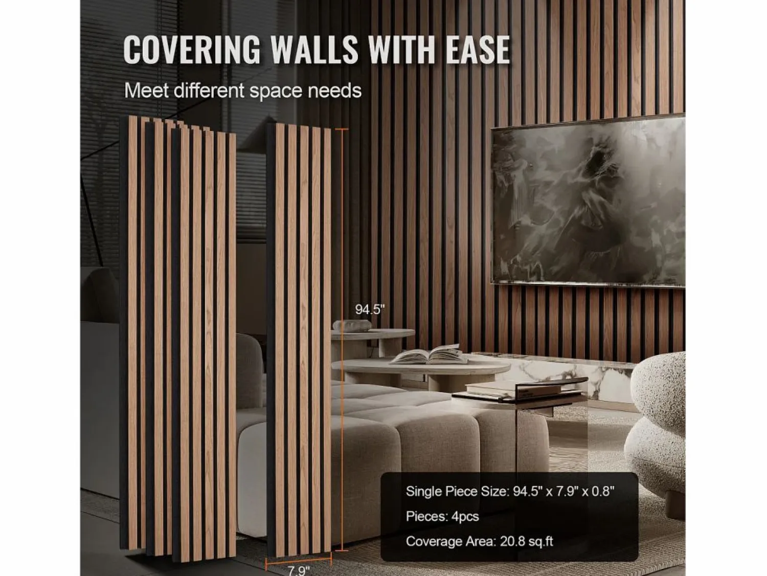 Paneles Acústicos de Listones de Madera SucceBuy, 20 x 240 cm, para Decoración de Paredes, con un Alto Índice NRC de 0,85 y Certificación Acústica SGS, Nogal