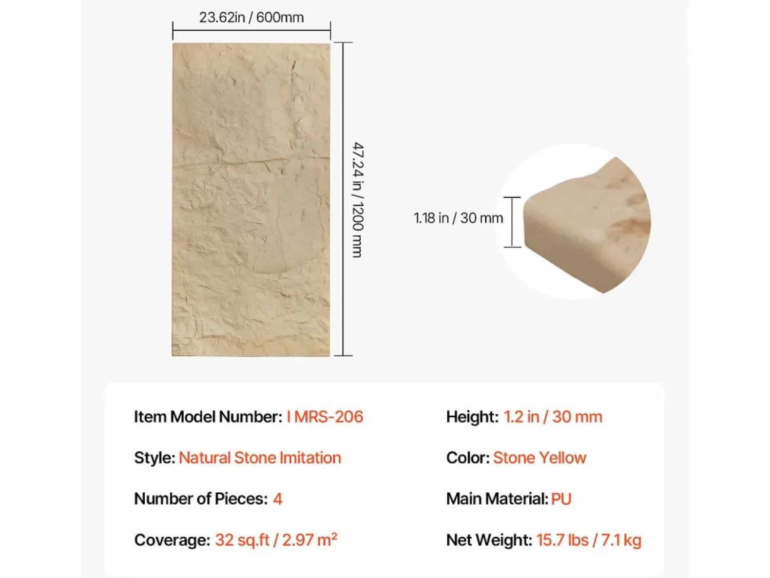 Paneles de Pared 3D SucceBuy, Pack de 4, 122 x 61 cm, Aspecto de Piedra, Cobertura de 3 m², Color Piedra Amarilla