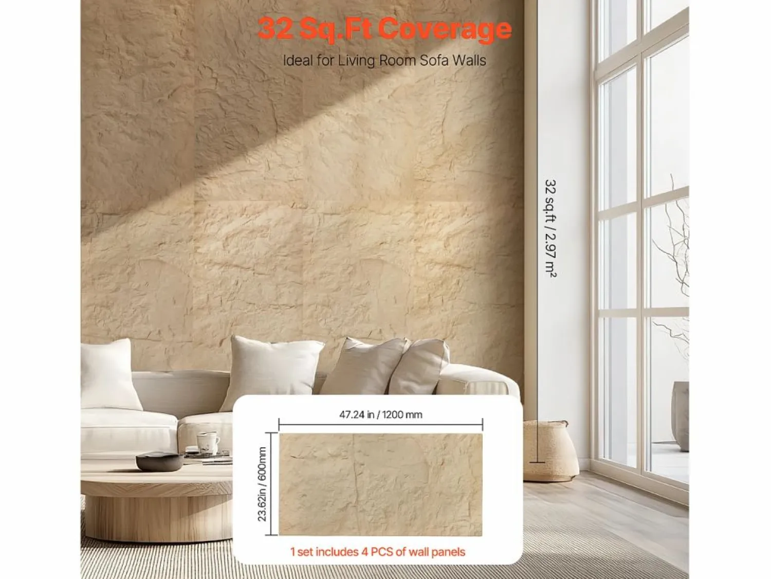 Paneles de Pared 3D SucceBuy, Pack de 4, 122 x 61 cm, Aspecto de Piedra, Cobertura de 3 m², Color Piedra Amarilla
