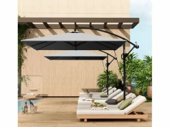 Discount Parasol descentrado de 260 cm, con protección UV 50+, función de inclinación, de metal y poliéster gris (295x250x235cm)
