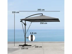 Discount Parasol descentrado de 260 cm, con protección UV 50+, función de inclinación, de metal y poliéster gris (295x250x235cm)