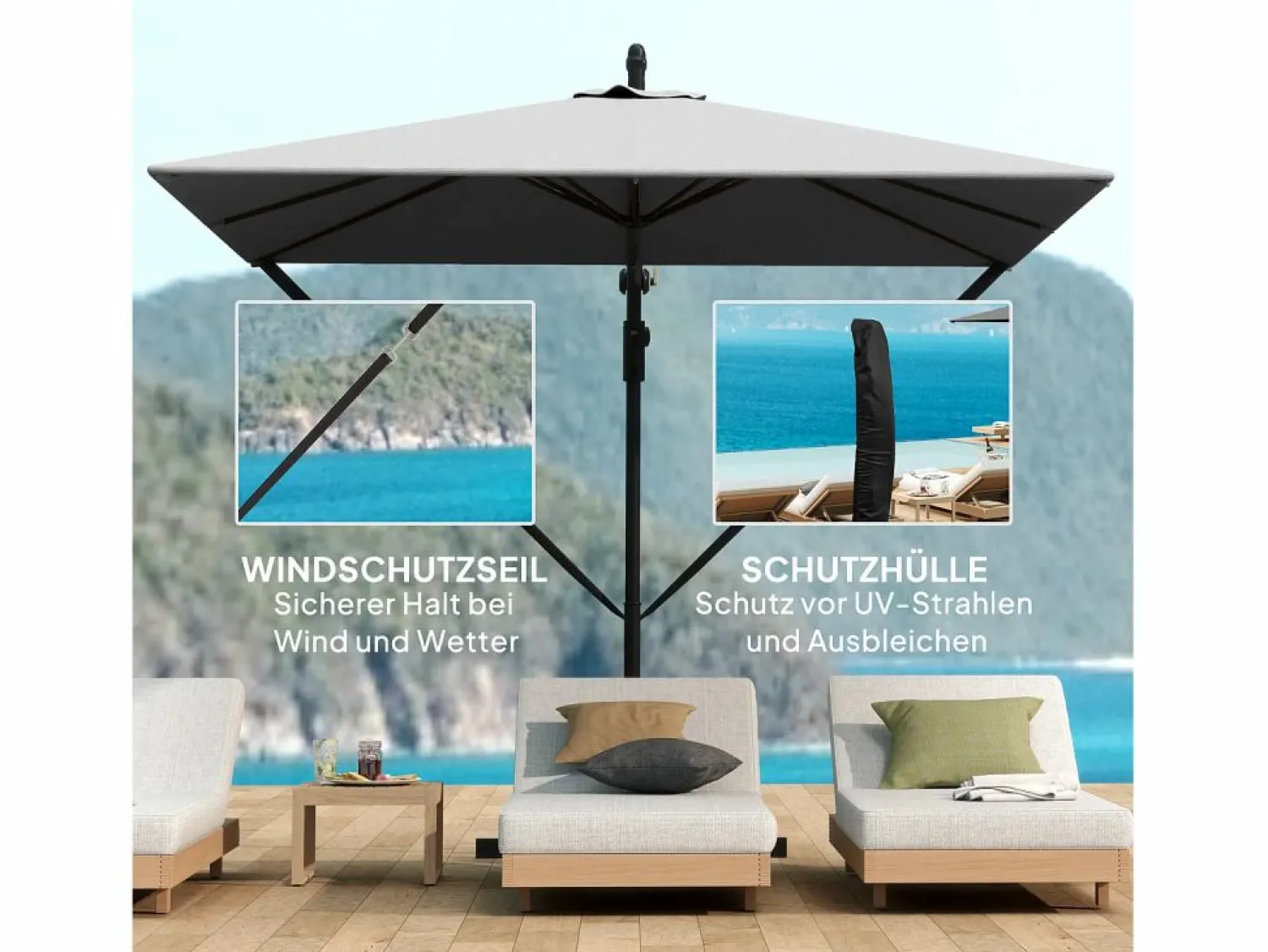 Discount Parasol descentrado de 260 cm, con protección UV 50+, función de inclinación, de metal y poliéster gris (295x250x235cm)