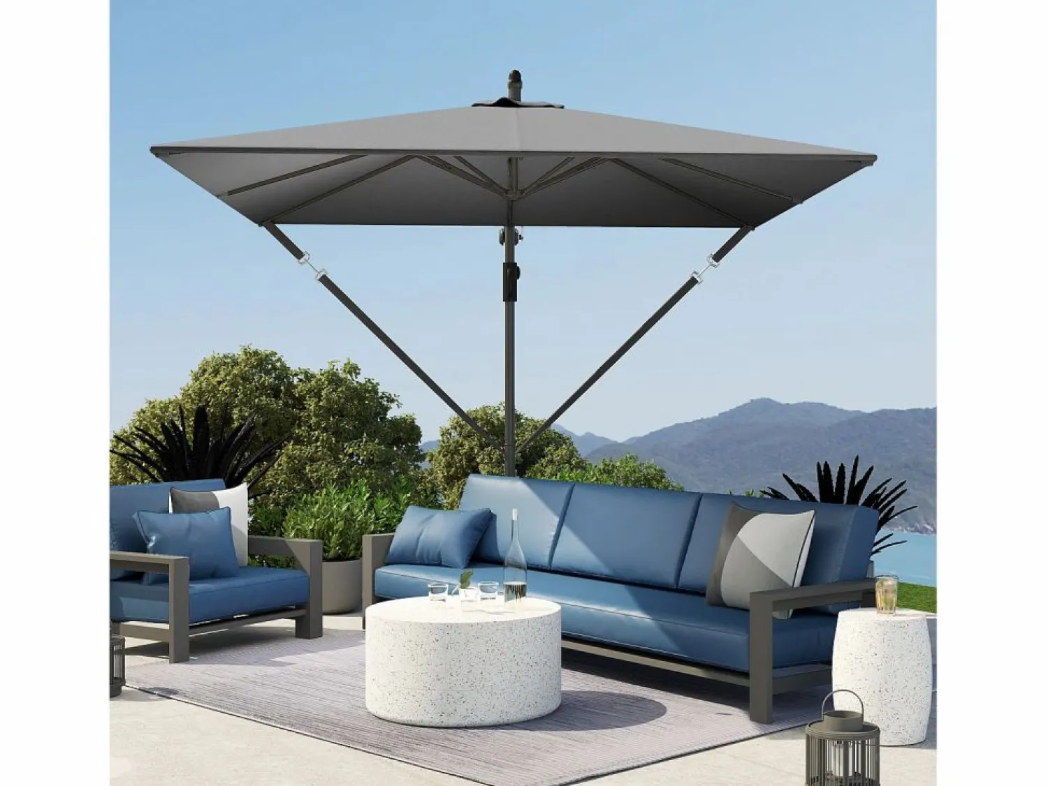 Discount Parasol descentrado de 260 cm, con protección UV 50+, función de inclinación, de metal y poliéster gris (295x250x235cm)